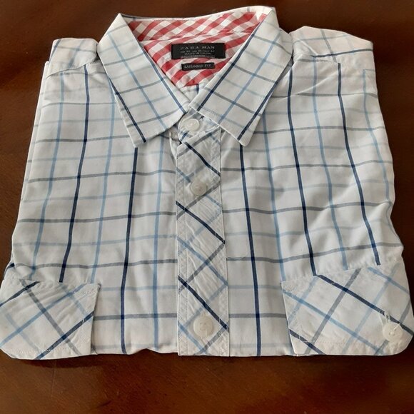 Zara Tailored Fit Men'XL Long Sleeve Button Up 2 Pocket Blue/White Checker Shirt - Picture 1 of 3